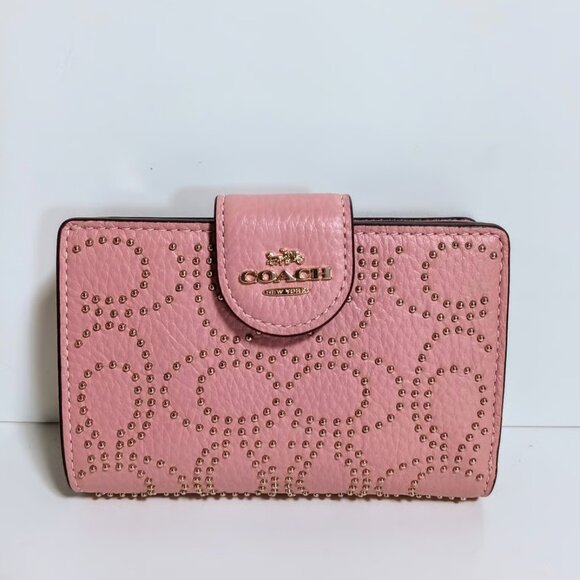 Coach Medium Corner Zip Wallet With Signature Rivets Pink Petal - Picture 1 of 6